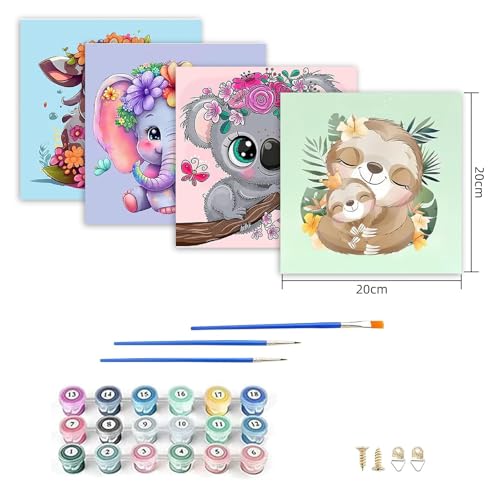LOITTAINUE Malen Nach Zahlen 4 Stück ab 5 6 7 8 9 Jahre Mädchen und Jungen - DIY Malen Nach Zahlen Tiere für Kinder und Anfänger mit Pinsel und Acrylfarben 20 X 20cm (B)