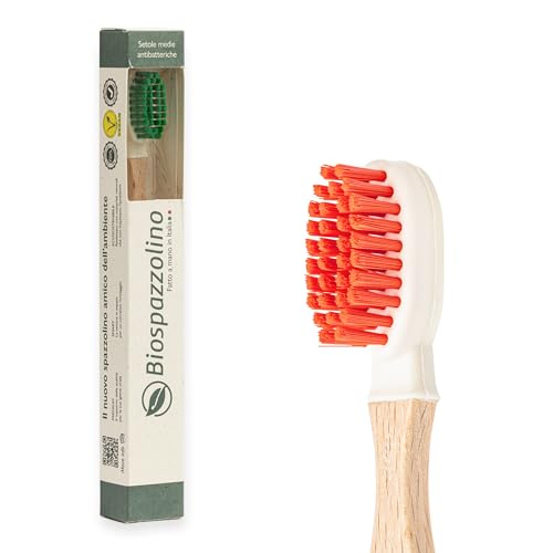 Spazzolino in Legno con Setole Naturali Antibatteriche - Ideali per Gengive Sensibili - MADE IN ITALY - Testina in Caucciù Intercambiabile - Biodegradabile ed Ecologico (Rosso)