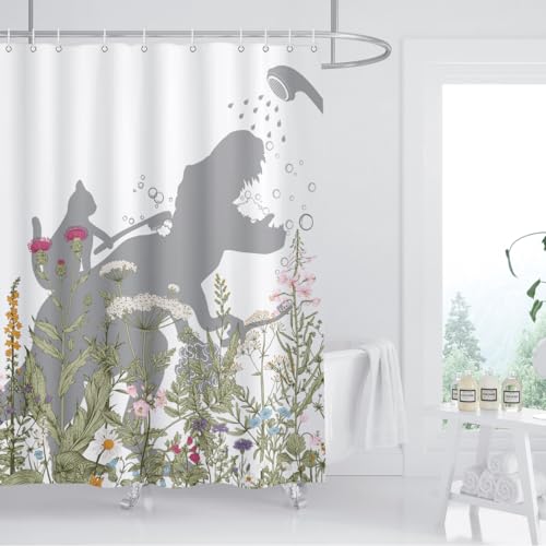 Image of Cat Dinosaur Shower Curtain Funny Cat Help Dino Bathe Behind Wildflowers Trex Silhouette Shadow for Kids Bathroom Home Decor Waterproof Polyester Fabric 72Lx60W Inch with Hooks