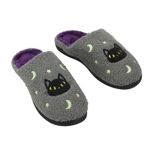 Bioworld Halloween Black Cat Glow Moon & Stars Adult Gray Scuff Slippers
