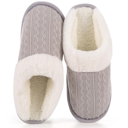 LOKIMSI Women's Knit Winter Slippers Warm and Comfortable Faux-fur Lining with Memory Foam Cushioning Silent, Slip-resistant Rubber Sole Versatile Indoor/Outdoor Home Footwear