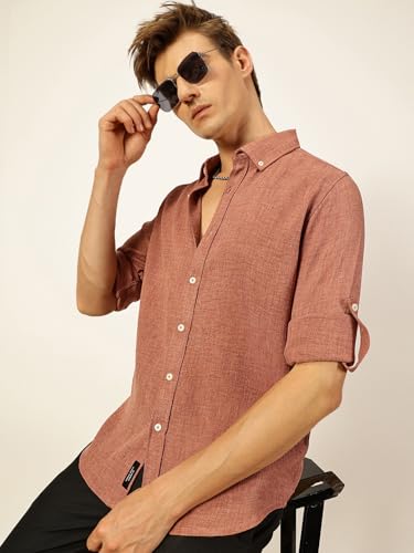 Image of Thomas Scott Men's | Solid | Textured Fabric | Full Sleeve | Slim Fit | Polyester-Blend | Spread Collar | Casual Shirt