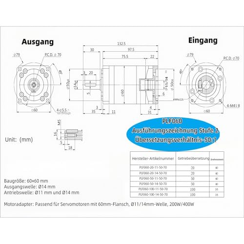 Planetengetriebe Übersetzungsverhältnis 50:1 Hochpräzises Spiel 12 arc-min Untersetzungsgetriebe 4000 U/min für 14mm/11mm Welle 200W 400W 60mm Servomotor für CNC Drehmaschine Router Benchtop