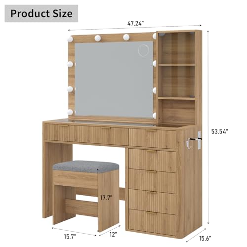 Yanosaku 47" Fluted Vanity Desk with Mirror & LED Lights, 7-Drawer Makeup Vanity with Glass Top & Cabinet, Vanity with Chair & Charging Station, 3 Lighting Modes, for Bedroom, Natural Oak