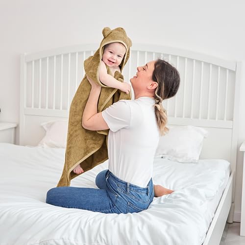 Image of Munich Blue Toddler Bath Towel for Boys & Girls - Soft Baby Bath Towels with Cute Bear Ears - Cozy Baby & Toddler Towels, 600 GSM, 35x35 inch (Brown Sugar)