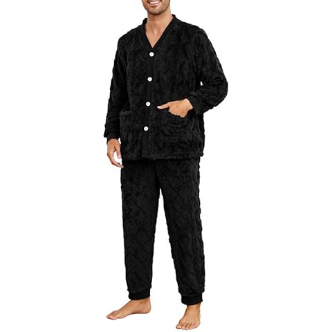 Vulcanodon Mens Plush Warm Pajama Sets Soft Fluffy Long Fuzzy Sleepwear with Pockets Cozy Loungewear Pjs Set for Men(BLACK, L) Cover