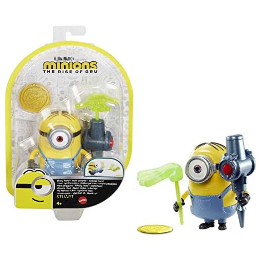 Mattel Minions: Rise of Gru Stuart Button Activated Action Figure Approx 4-in / 10-cm with Sticky Hand Accessory, Gift for Kids Ages 4 Years & Older, Multi (GMD94)