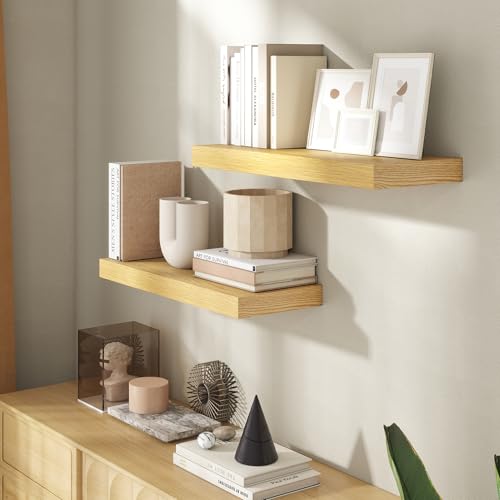 Image of 24 Inch Floating Shelves for Wall, 8 Inch Deep Floating Shelf for Storage & Display, Rustic Wall Mounted Shelf with Invisible Brackets for Living Room, Kitchen, Bathroom, Home Decor, Set of 2, Oak