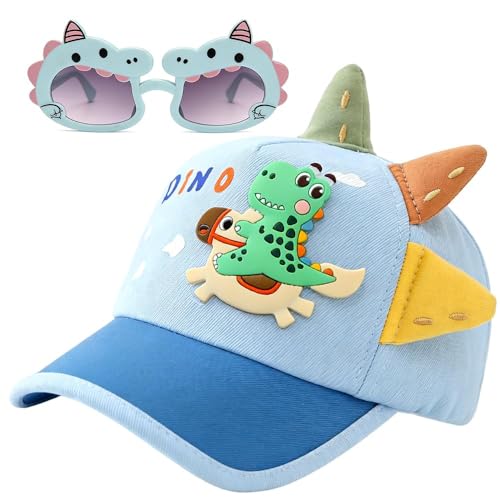 Image of Dinosaur Baseball Cap for Kids, Dinosaur Summer Hat and Sunglasses Set Cartoon Running Caps Sun Protection Beach Cap Peaked Caps Adjustable Summer Hat Outdoor Sports Hats for Girls and Boys(Green)