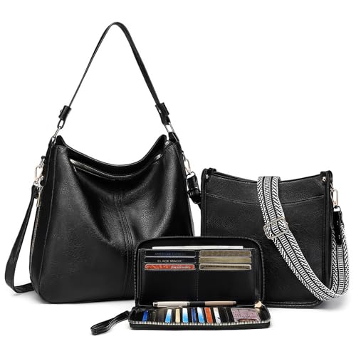 Lot de 3 sacs à main pour femme noir grand cabas et pochette bandoulière réglable