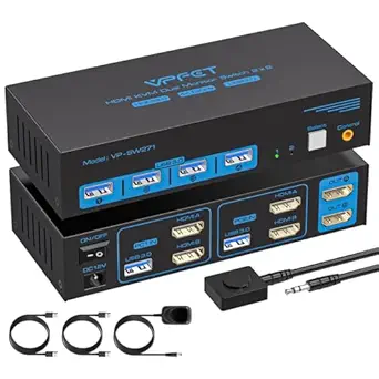 KVM Switch for 2 Monitors and 2 Computers with HDMI 8K60Hz, USB 3.0, and Dual Monitor Support
