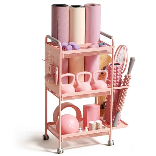 YOTTOY 3-Tier Gym Storage Rack for Home GymMulti-Functional Weight Rack Dumbbell Rack Yoga Mat Holder with Side Basket & 6 Hooks Gym Equipment Organizer (Pink)