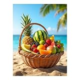 Canasta de frutas tropicales, escena de playa, kits de arte de diamantes para adultos, pintura de diamante 5D redonda para principiantes, cuadros de diamantes, manualidades, decoración de pared del