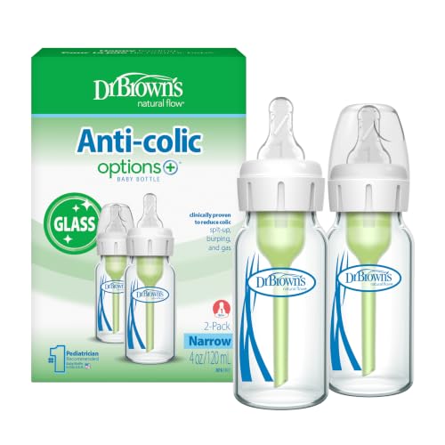 Image of Dr. Brown's Anti-Colic Options+ Narrow Glass Baby Bottle with Level 1 Slow Flow Nipple, BPA-Free, 4 oz /120mL, 2-Pack