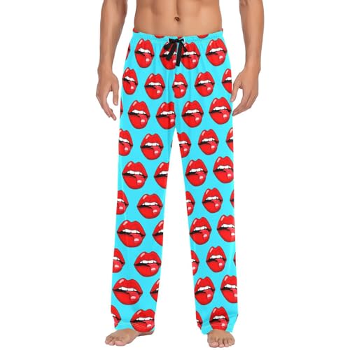 Men's Red Lips Pajama Pants with Pockets - Straight Fit Cotton Sleep Bottoms for Lounge & Nightwear#2532