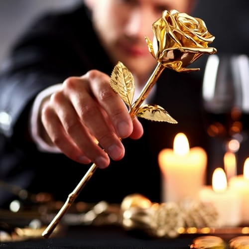 mikamax 24k Gold Rose - Real Rose Dipped in Gold with Certificate of Authenticity - 7-8 Inches - Luxurious Box 32 x 5 x 11 cm