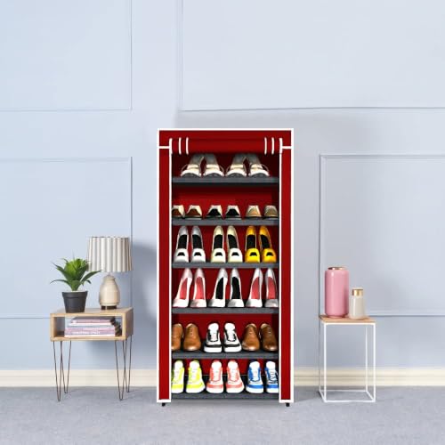 Image of YouCopia Shoe Rack for Home Non Woven Fabric - DIY Multipurpose Shoe Rack Organizer, 6-Layer Shoe Rack for Home -Shelf with Dustproof Door Entryway for Heels /Slippers /Boots (Maroon, 6-Layer)