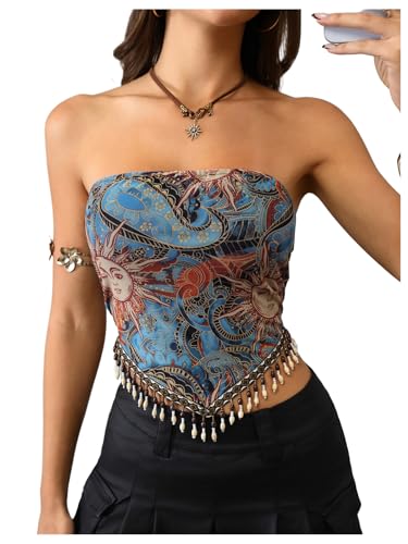 BEAUDRM Womens Boho Fringe Tube Tops 70s Hippie Paisley Bandana Country Concert Festival Crop Tops Whimsy Clothes Sun Brown Small