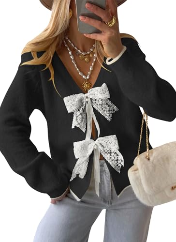 Cakulo Womens Bow Sweater Tie Front V Neck Cardigan Sweaters Lightweight Knit Fall Cardigans Crop Tops 2025