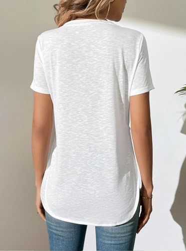 Remidoo Women's Side Split Tees V Neck T Shirt Curved Hem Sheer Top Short Sleeve Loose Shirts2
