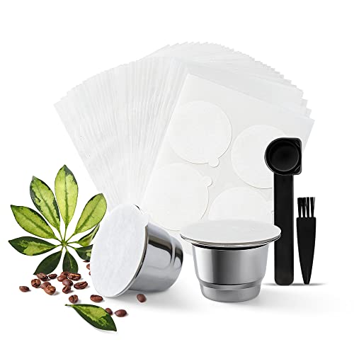 Capsule di caffè riutilizzabili e coperchi adesivi in carta biodegradabile per N espresso OriginalLine, 2 cialde ricaricabili in acciaio inox+100 sigilli per capsule in carta (36 mm)
