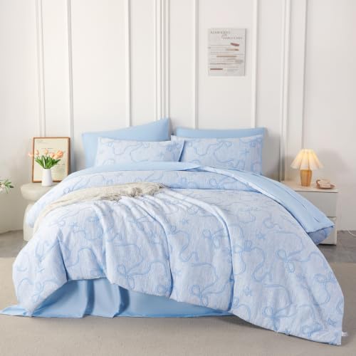 Image of PERFEMET Full Bedding Set for Girls Light Blue, 5 Pieces Aesthetic Embossed Bow Comforter Set with Sheets, Soft All Season Cute Bowknot Jacquard Bed in a Bag Women Boho Bedroom Decor