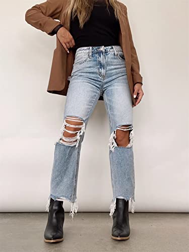 Womens Ripped Jeans Casual Stretchy Straight Leg Denim Pant High Waisted Retro Classic Denims Relaxed Fit Long Pant2