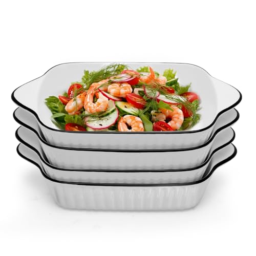 Set di 4 pirottini da forno in ceramica, 1000 ml, quadrati, mini pirofile, 26,5 x 14,6 x 4,8 cm, in ceramica con manici, per friggitrice ad aria calda, forno, microonde (design a costole)