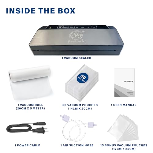 Image of Vacuum Sealer Machine With 1 Vacuum Roll & 50 Vacuum Pouches | Automatic Dry & Wet Sealing | Stainless Steel Cover For Food Packing Home & Small Business