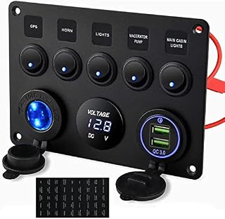 Kohree IP65 Waterproof 12V/24V Switch Panel, Toggle Switch Panel, Dual USB Charger Port 4.2A, Digital Voltmeter Display, Car Rocker Switches, Lighter Socket, 5 Gang Switch Panel for Car Boat Truck