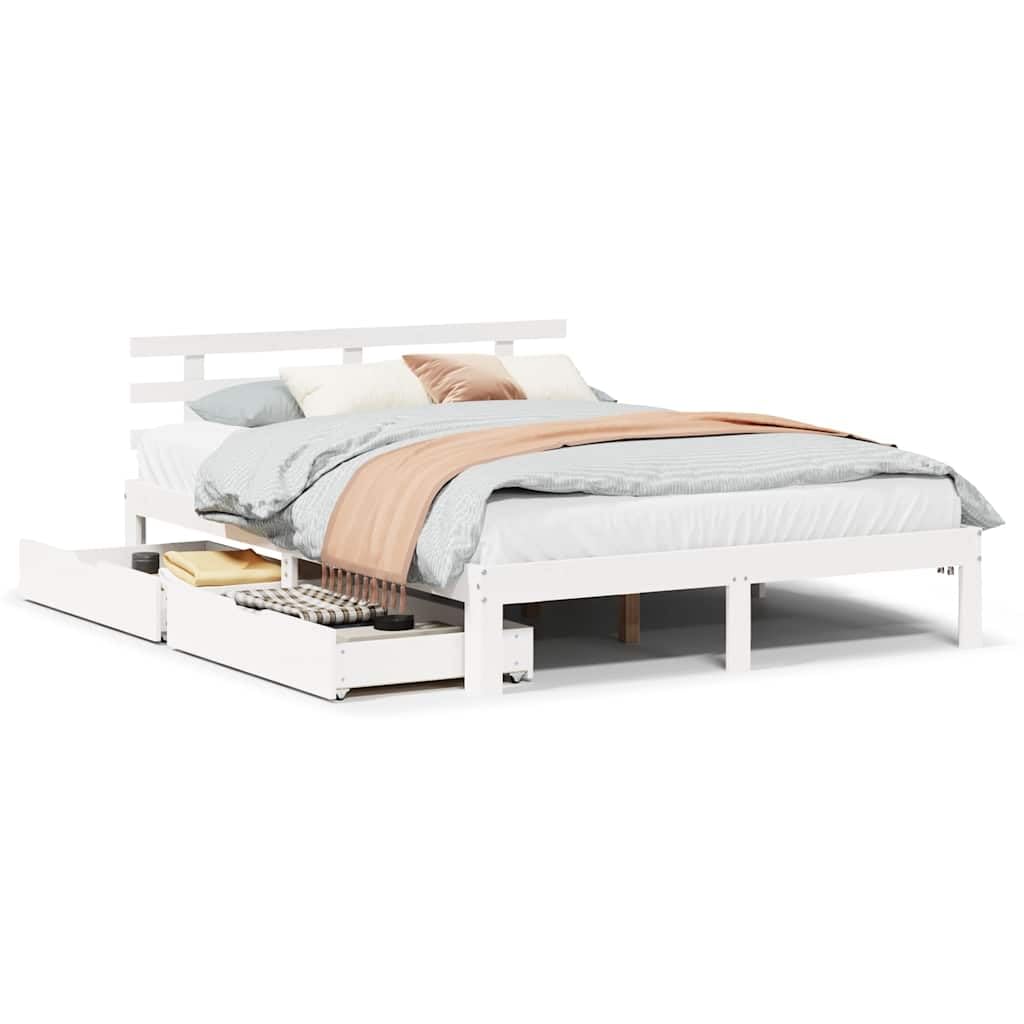 Legno Massello di Pino Bianco con Contenitore Cassetti Giroletto 150x200 cm