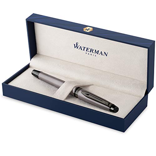 Stylo roller Waterman Expert | Laque argentée métallisée avec finitions ruthénium | Pointe fine | Encre noire | Étui cadeau
