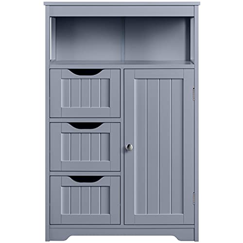 Topeakmart Wood Bathroom Floor Cabinet, Free Standing Storage Cabinet with 3 Drawers and Cupboard, Hallway/Entryway Cabinet, Living Room Accent Furniture, Gray