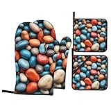 Ofenhandschuhe und Topflappen, bunte Steine, Küchenhandschuhe mit Topflappen, rutschfeste Handschuhe, hohe Hitzebeständigkeit, 500 Grad, für Grill, Backen, Kochen, Ofen, Mikrowelle, 4 Stück