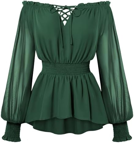 SCARLET DARKNESS Damen Mittelalter Bluse Off Shoulder Langarm Peplum Top | Schnür‑Ausschnitt | Geraffte Taille | Chiffon | Leichter | Vintage | Renaissance | Gothic | Cottagecore |