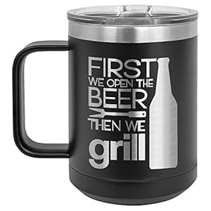 Grill Things BLACK 15 oz Coffee Cup w/Slide Top Lid | Insulated Travel Coffee Mug | BBQ & Grilling Gift Idea For Men Who…