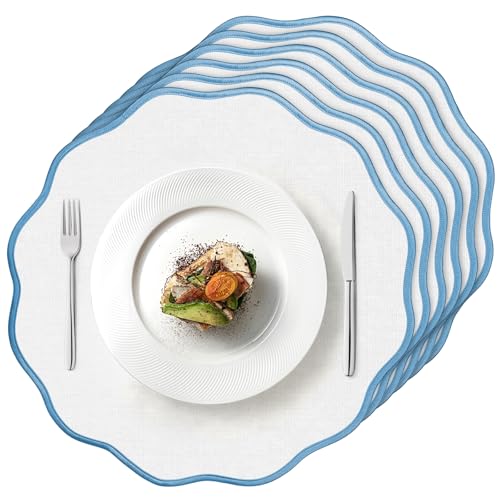 Set of 6 Scallop Linen Placemats, 15 Inch Blue and White Round Placemats Cotton Linen Table Mats Handcrafted Machine Washable Wrinkle Free Dining Placemat for Hotel Restaurant Kitchen by ElasignShopo - Used condition - US$26.99