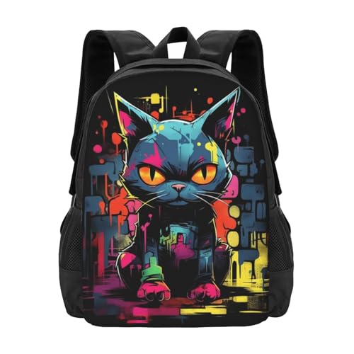 Comfort Fit Unisex 17 Inch Backpack Grunge Cat Graffiti Padded Straps for Long - Haul Carrying Work & Travel Use