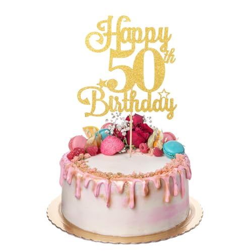ZEYIYER 50th Cake Toppers Gold 50th Happy Birthday Cake Decorations for Men Women Glitter Fifty Years Old Birthday Cakes Pick for Party Supplies