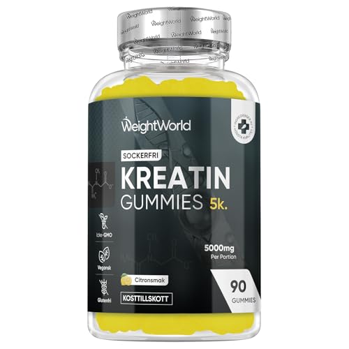 Kreatin gummier – 5000 mg per portion – 90 gummier Sockerfria – Läckra med citronsmak – GMO-fria – Veganska från WeightWorld