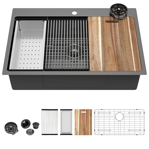 Image of 33 Black Drop In Kitchen Sink - Kichae 33 x 22 Drop In Kitchen Sink Workstation Gunmetal Black Nano Coating 304 Stainless Steel 16 Gauge with Glass Rinser & Cutting Board