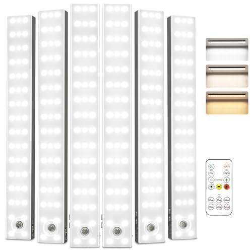 Image of EZVALO 13inch Under Cabinet Lighting, 3200mAh Rechargeable Wireless Motion Sensor Lights, 96 LEDs, 3 Color Temps, Dimmable, Timer, Magnetic, with Remote for Kitchen (6 Pack)