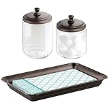 mDesign Bathroom Vanity Storage Organizer Canister Jars and Vanity Tray Set for Cotton Swabs, Cotton Rounds, Cotton Balls, Makeup Sponges, Bath Salts, Guest Towels, Perfume - Set of 3 - Bronze