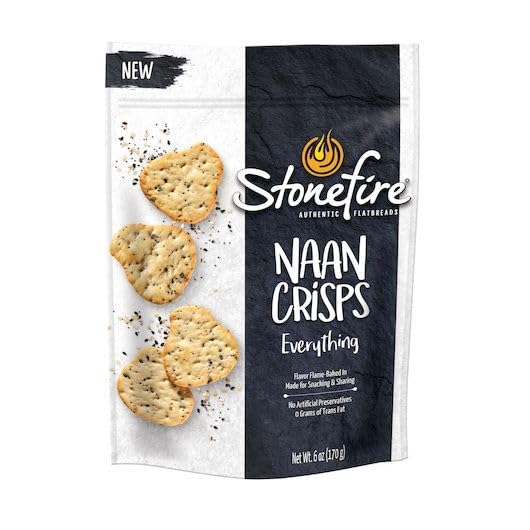 Stonefire Authentic Flatbreads Naan Crisps, Everything, Perfect for Snacking & Dipping, 6 Ounce (Pack of 12)