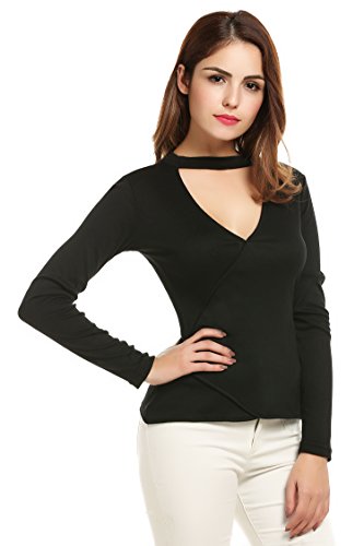 Women's Shirt Top Sexy Long Sleeve V Neck Front Wrap Cotton Slim Fit Soft Blouse Black