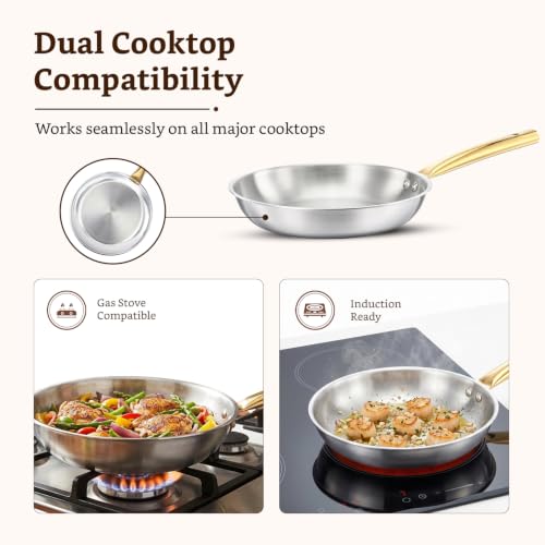Image of Amazon Brand - Solimo Premium Triply Stainless Steel Frypan 24cm (1.7L) | Even Heating Triply Base | Gas & Induction Compatible | SS 304 Food-Grade | Dishwasher Safe | Elegant Golden Handles | BIS Certified