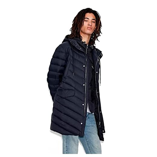 Armani Exchange A| X Long Drawstring Quilted Milano/New York Logo Zip-up Nylon Jacket Chamarra de Plumas Alternativa, Color Azul Marino Oscuro, S para Hombre