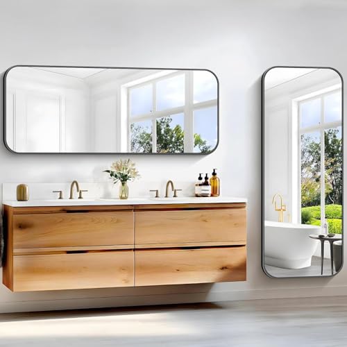 Image of Bathroom Mirror, 60 x 24 inch Metal Framed Black Rectangle Mirror, Rounded Corner Rectangular Vanity Mirror, Large Wall Mounted Mirror for Modern Bedroom Living Room Horizontal or Vertical