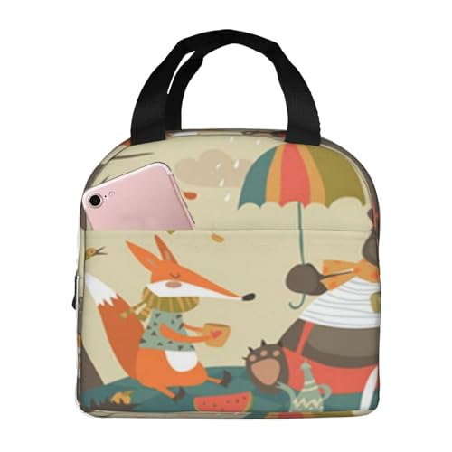 断熱ランチバッグ 大容量 防水 熱漏れ防止 スタイリッシュで丈夫 仕事、学校、アウトドア活動に便利 男女兼用 (秋の森のピクニックの動物たち 秋のコーヒー かわいい)