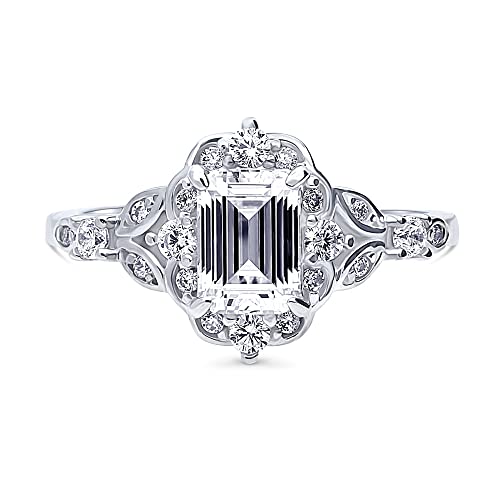 BERRICLE Sterling Silver Halo Art Deco Wedding Engagement Promise Rings for Her, Step Emerald Cut Cubic Zirconia CZ Ring2